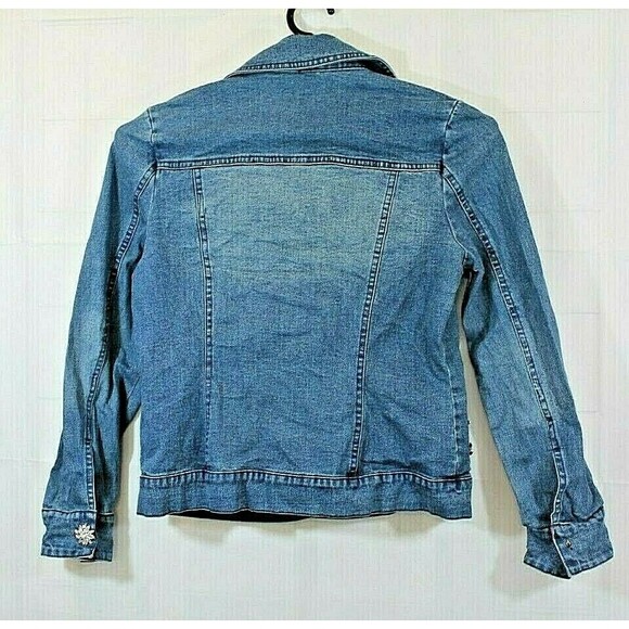 The Collective Works Of Berek 2 Denim Jean Jacket Floral Rhinestones Coat Size S - Picture 8 of 9